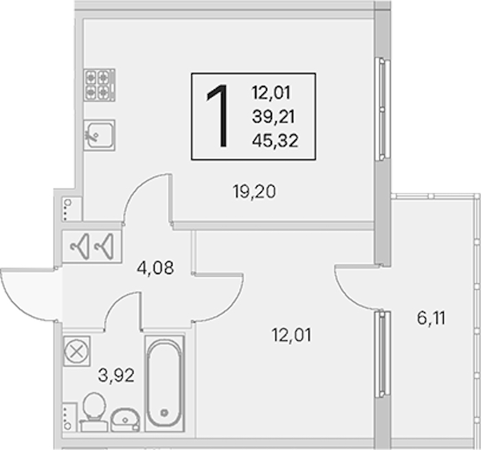 1-комнатная квартира 39.21 м², 1/4 эт., ЖК «Любоград в Стрельне»